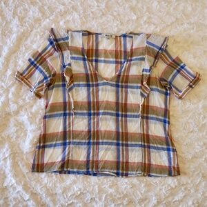 Madewell V Neck Shoulder Ruffle Top Plaid Cotton - Medium - blue and cream